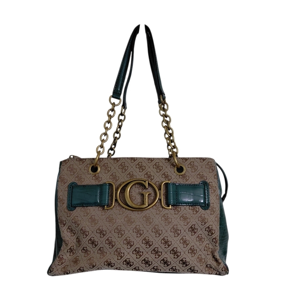 👜 Guess Beige Monogram Shoulder Bag with Green Trim and Gold Hardware